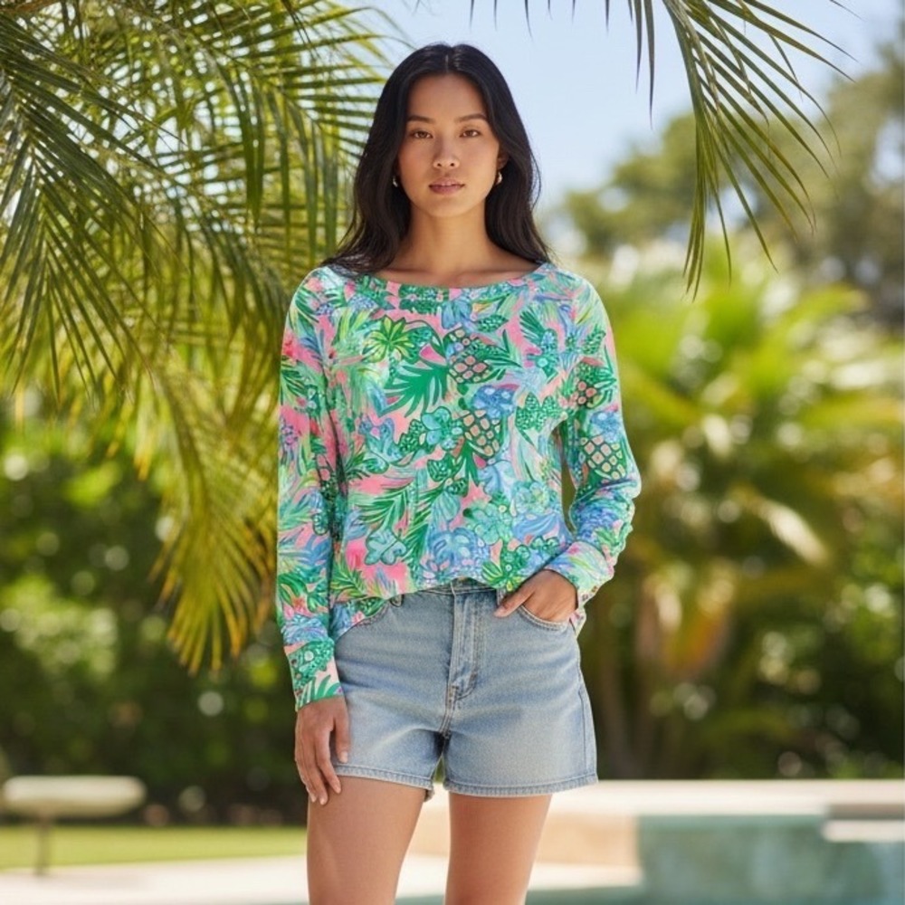 Lilly Pulitzer Aleah Top Womens Pink Tropical Print Button Cuff Resort XS